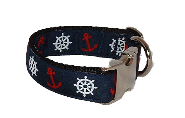 3/8 Inch Wide X-Small 8-10 Inches Long Nautical Stripe Adjustable Dog Collar Bow & Arrow Pet Dog Collar Indigo
