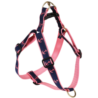 Step-In 1-inch Ribbon Dog Harness - Pink Anchors on Navy Blue